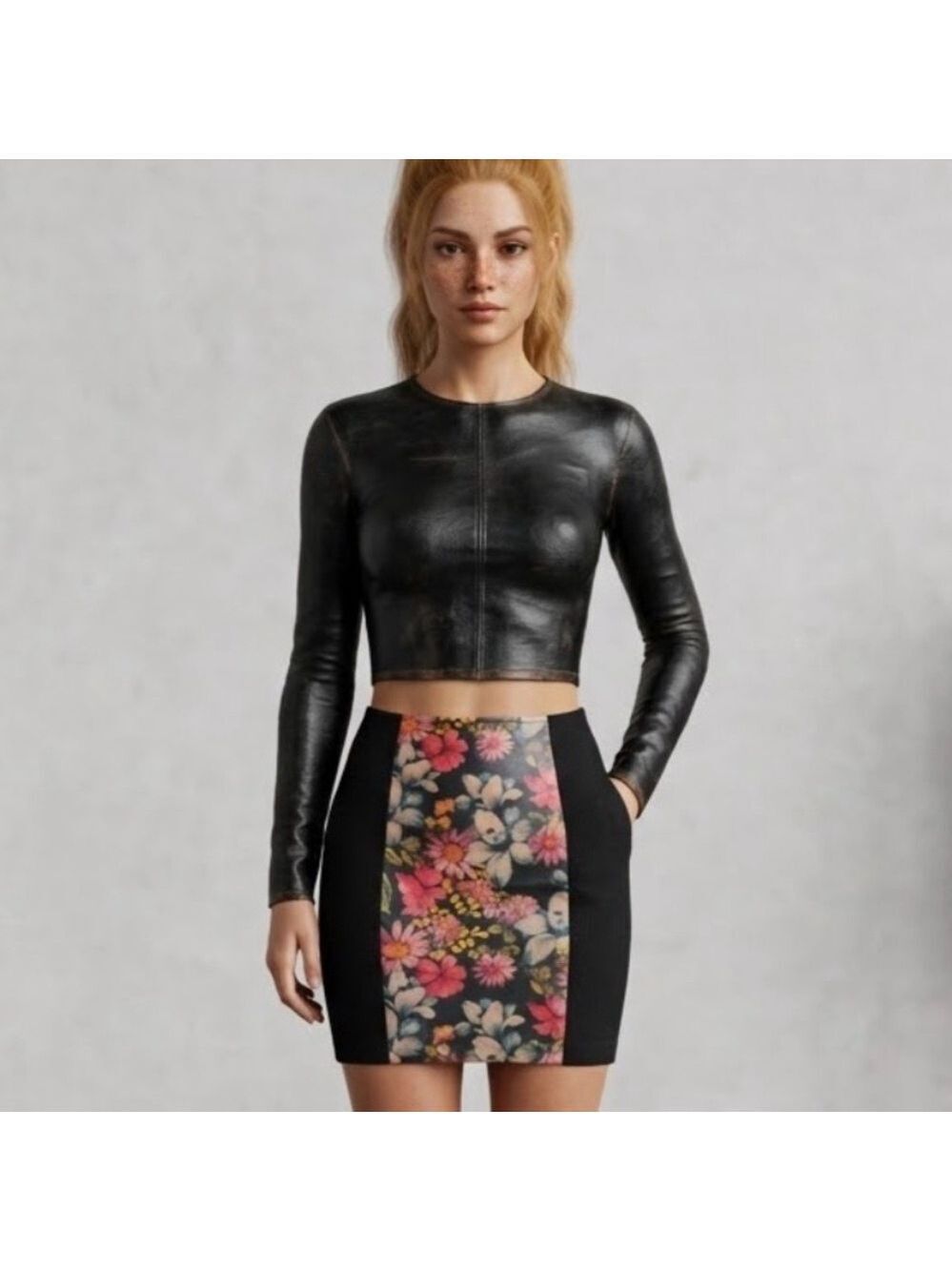 MinkPink Black and Floral Leather Skirt - Size Small